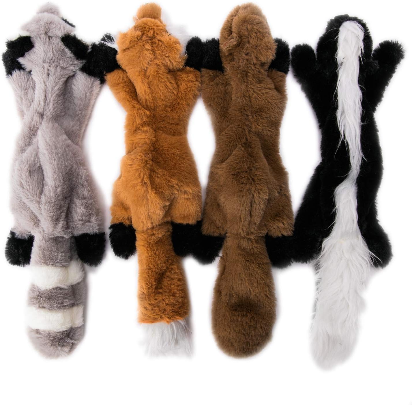 yipet 4 Pcs Squeaky Toys Dogs Skinny No Stuffing Squeaker Plush Dog Toy Fox, Raccoon Squirrel, Skunk