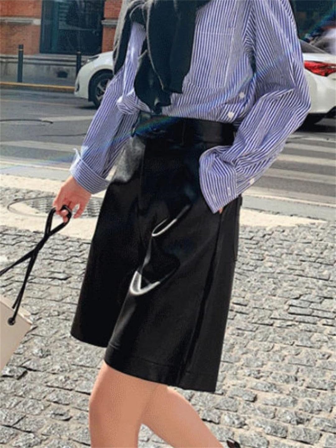 Women's Solid Color High Waist Loose Straight Outdoor Commuting Leather Shorts