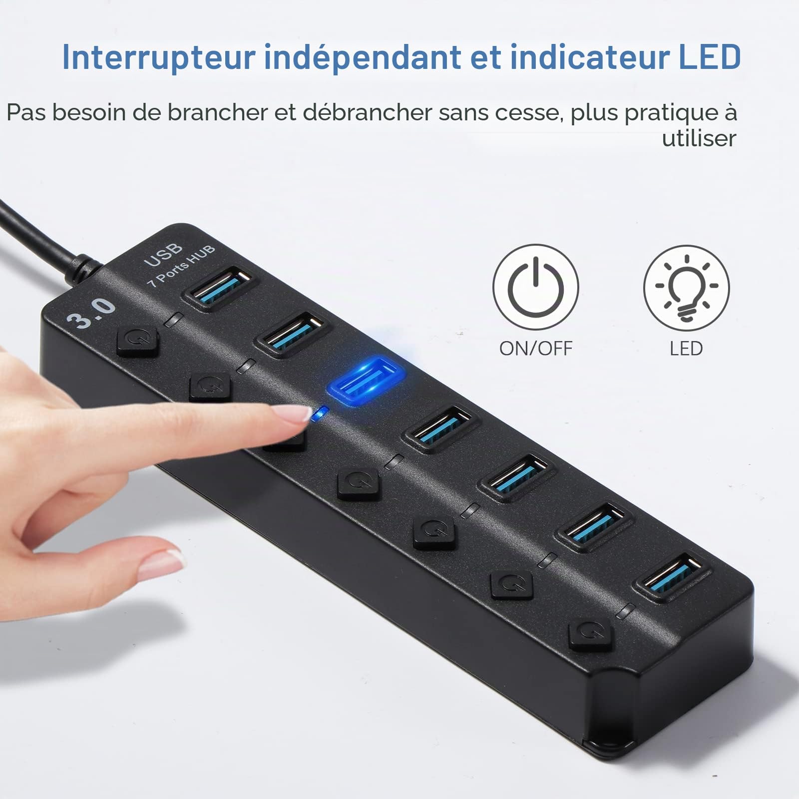 Hoppac Hub 7 en 1 Multiprise USB 3.0 2.0 Port Multiple PC Transfert Données Recharge Interrupteur LED 1M