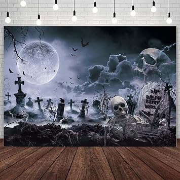 AIBIIN 7x5ft Skull Gray Halloween Banner Backdrops for Photography | Horror Moon Night Scary Cemetery Skull Halloween Photo Backdrops for Wall Adult Halloween Party Decorations Photo Shoot Props