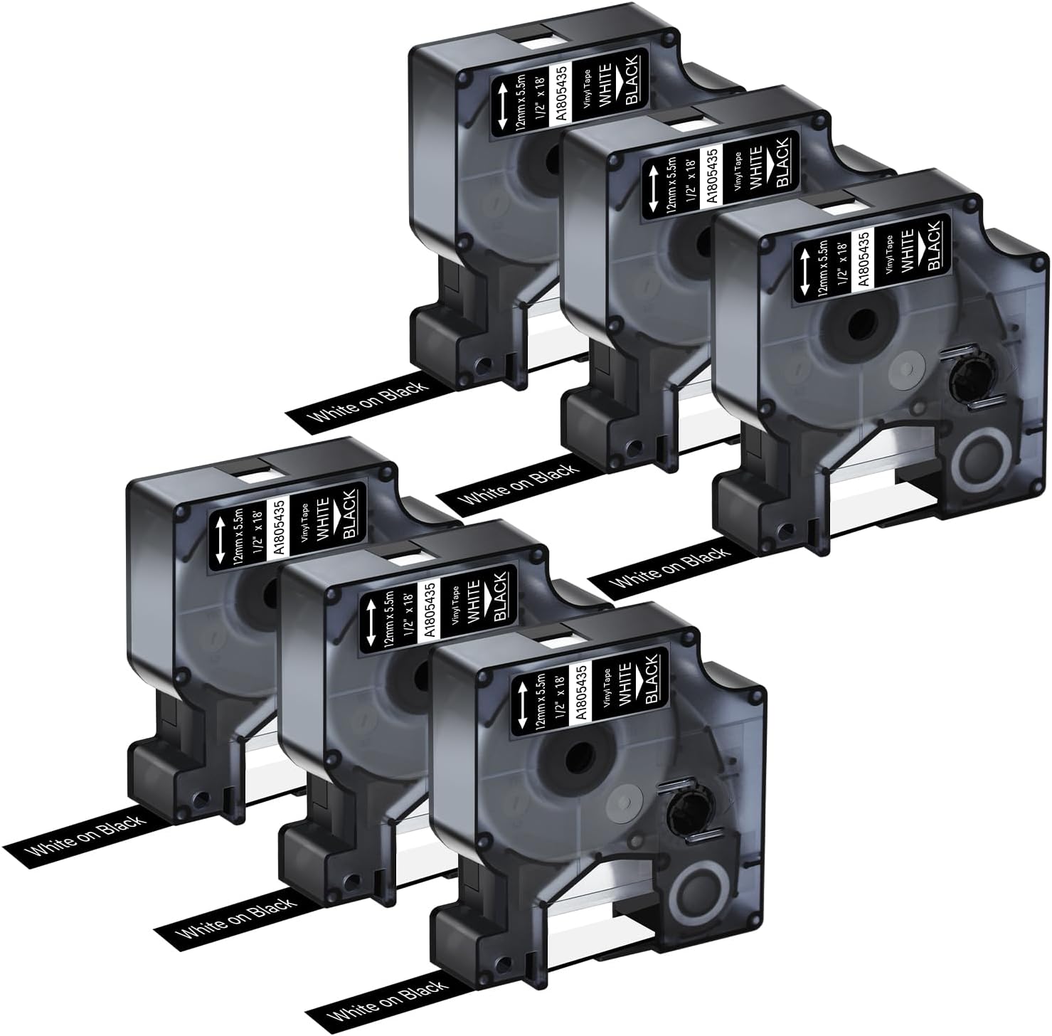 6 Pack Compatible for Dymo Rhino 1805435 1/2" 12mm White on Black Vinyl Permanent Industrial Label Tape for Rhino 1000 3000 4200 5000 5200 6000 and 3M Label Maker