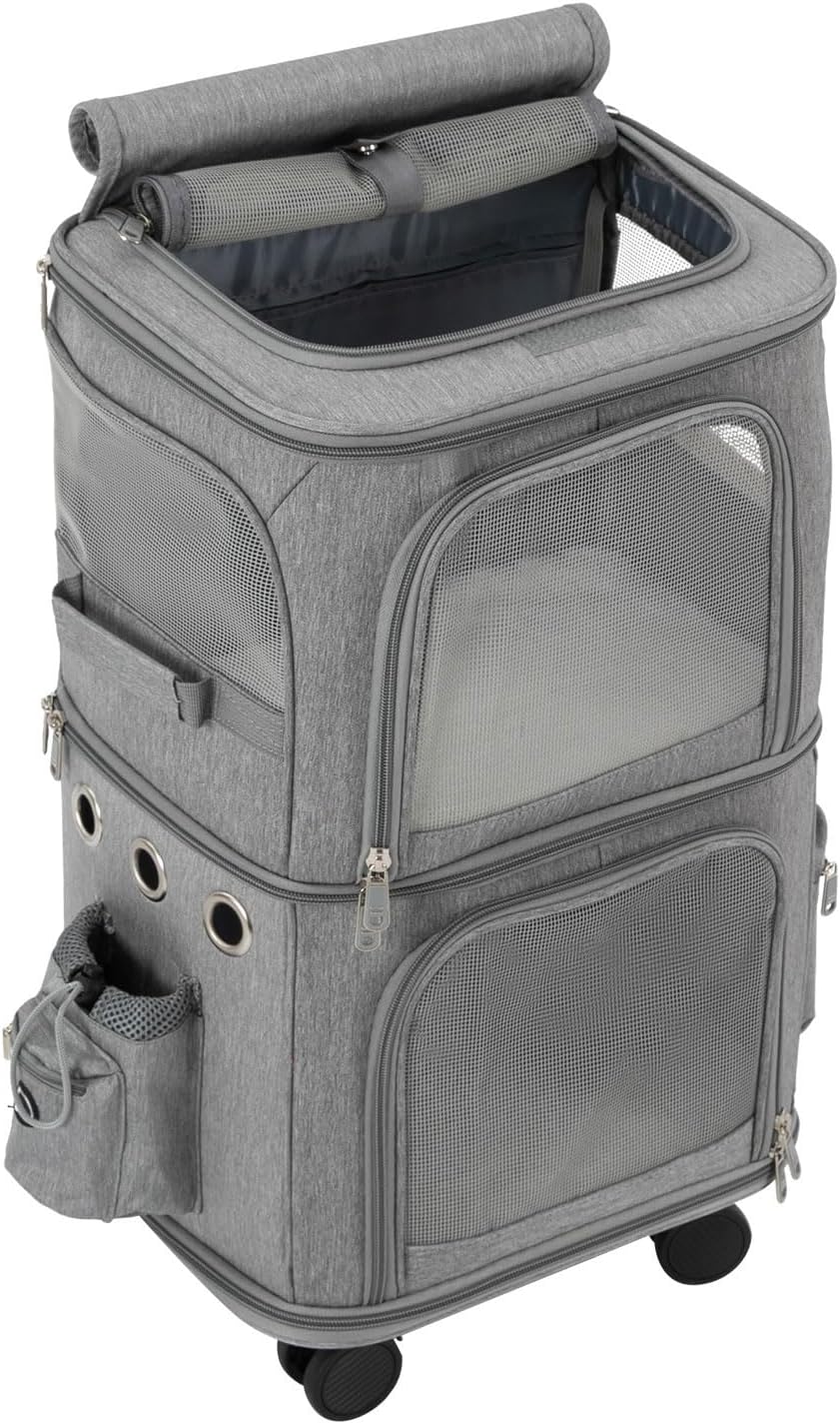 Double-Compartment Pet Carrier with Removable Wheels for Small Dogs and Cats, Foldable Two Tiers Large Cat Carrier Soft Rolling Dog Carrier for Up to 22 Lbs - for Traveling/Hiking/Camping(Grey)
