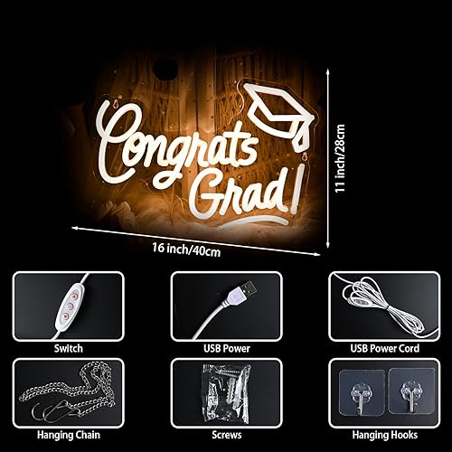 Miniatura 3 de Letrero de neón de Congrats Grad con tapa de graduación, letrero de luz blanca cálida para decoración de pared, letrero LED de felicitaciones de