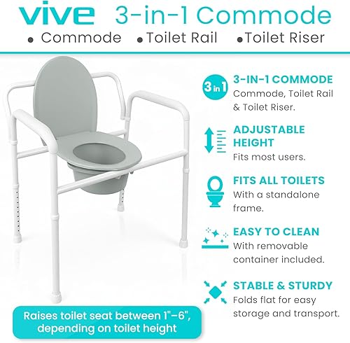 Miniatura 2 de Vive Silla de inodoro para mesita de noche (plegable) – Capacidad de 350 libras, riel de seguridad, silla de ducha – Cubo bariátrico 3 en 1