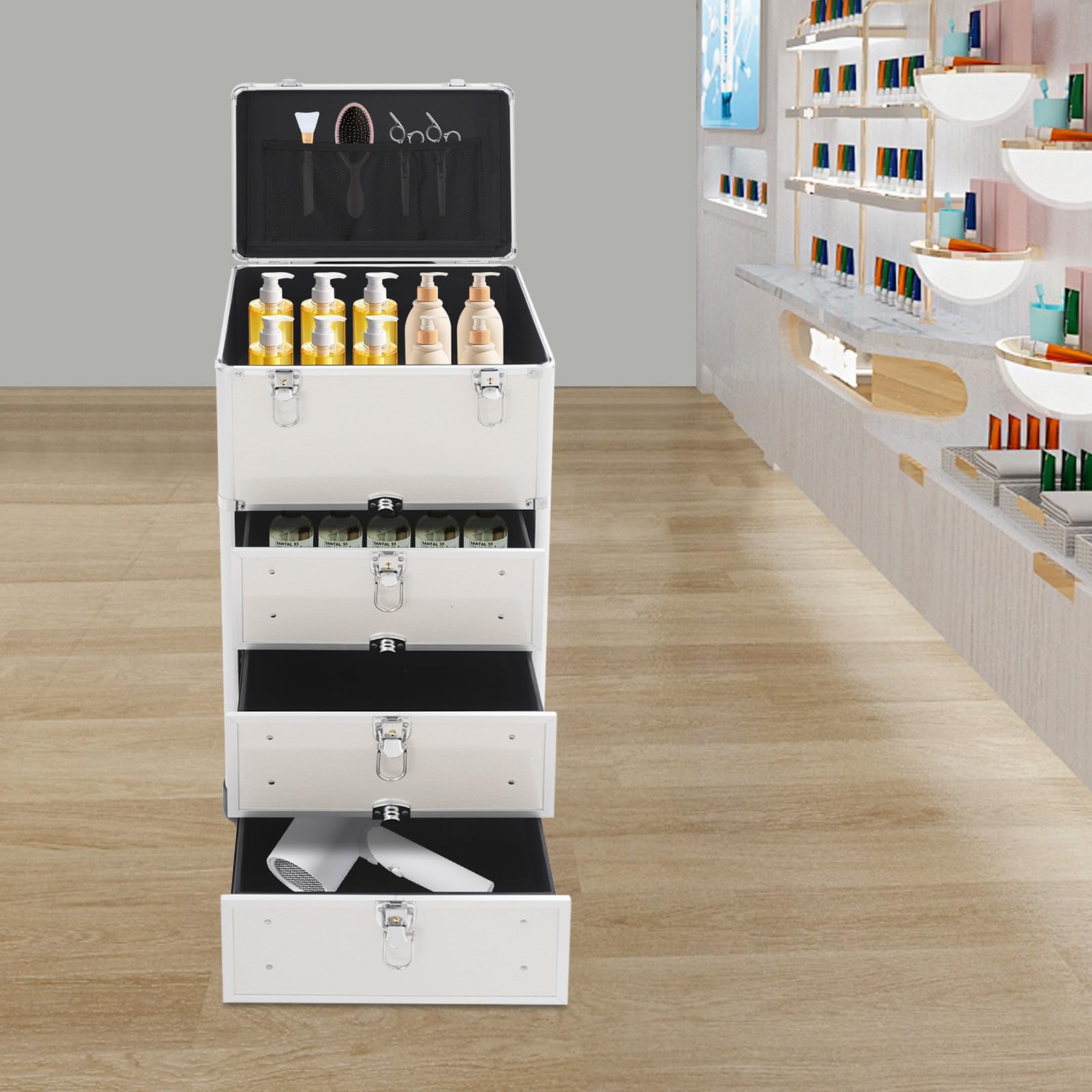 Rollbarer Schminkwagen mit 3 Schubladen Aluminiumlegierung Verstellbarer Griff 4 Räder Kosmetiktrolley für Visagisten Salon professionelle Aufbewahrung Organizer (Silber)