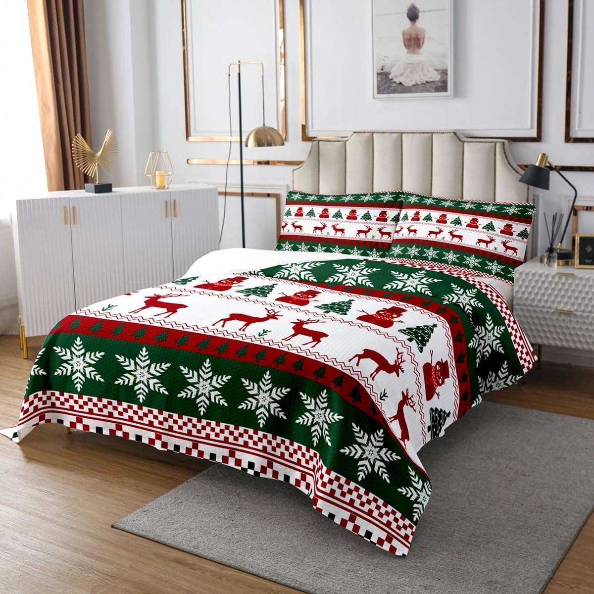 Castle Fairy Christmas Snowman Deer Bedspread Twin Size,Black Red Buffalo Plaid Bedding Sets 2Pcs for Kids Girls Boys Room Decor,Retro Comforter Set Christmas Themed Quilt Coverlet,1 Pillowcase