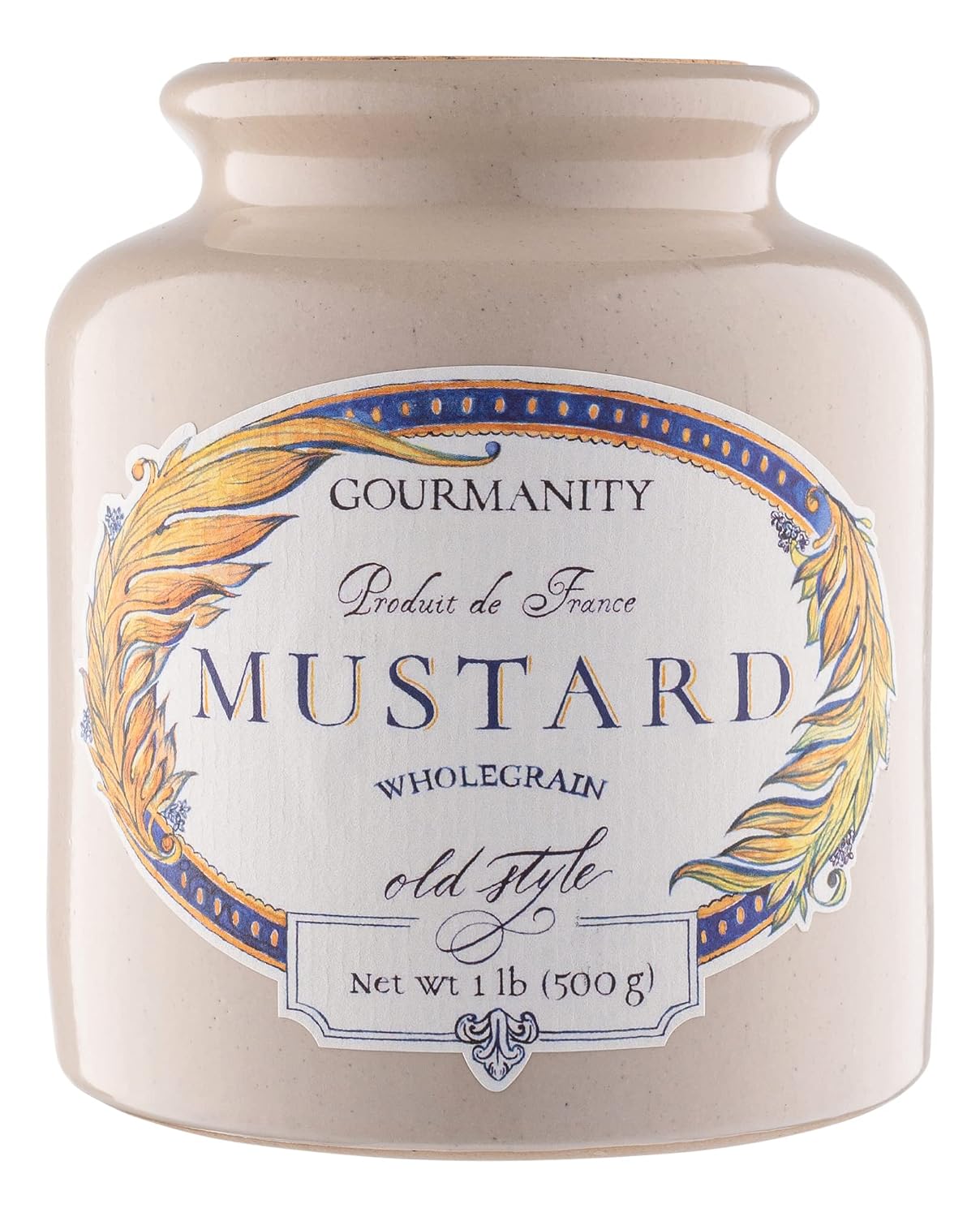 Gourmanity 1lb Wholegrain old style Mustard From France, Whole grain mustard in stone jar with a cork lid, Grainy Mustard, Fancy Mustard, Coarse ground mustard de meaux, All-Natural