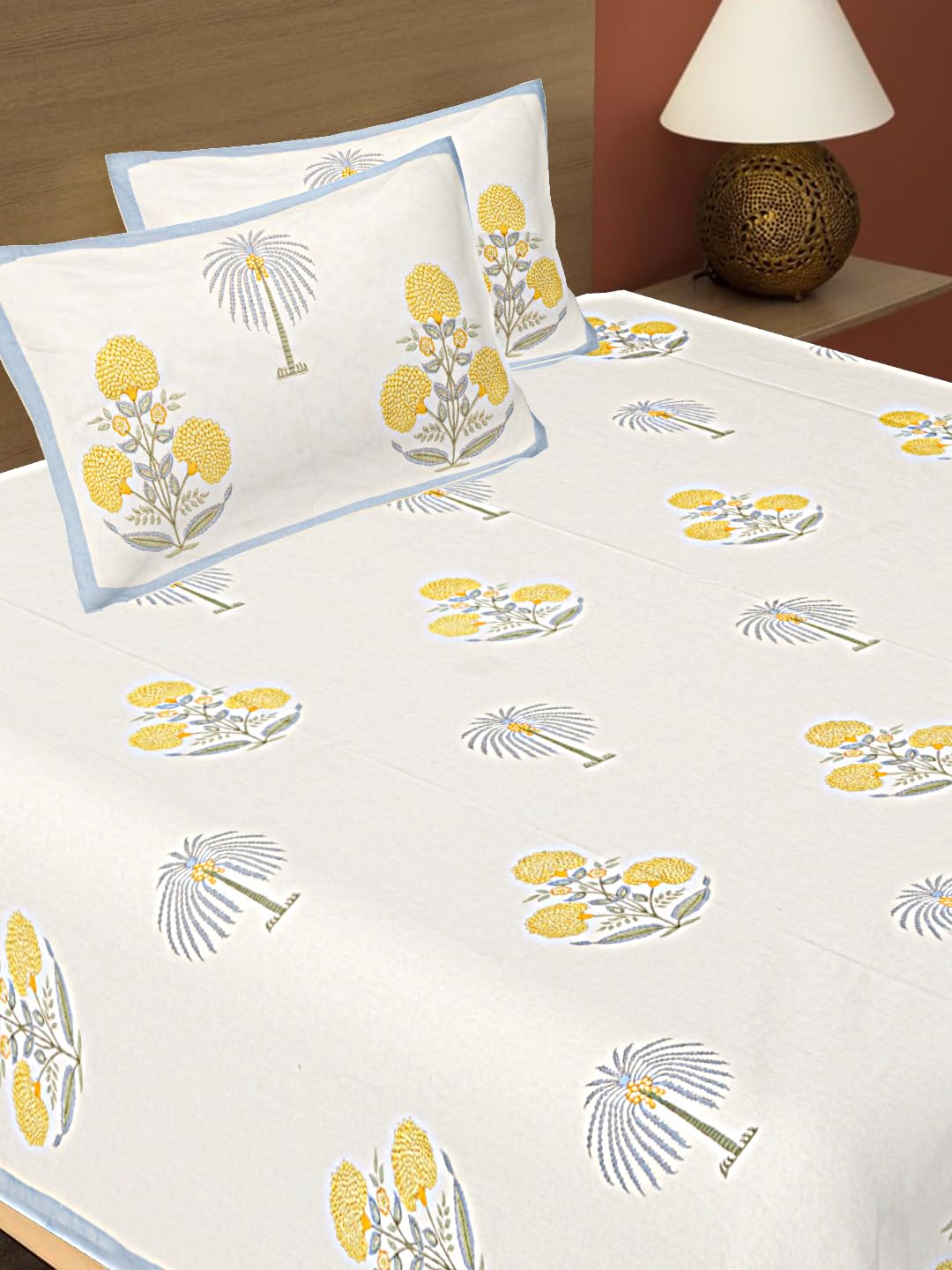 Goodadi Pure 100% Cotton Sanganeri Block Printed Bedsheet with 2 Pillow Covers | Block Print | King Size - 100x108 Inch (Yellow) (B0DBJ23QBY) Amazon Price History, Amazon Price Tracker