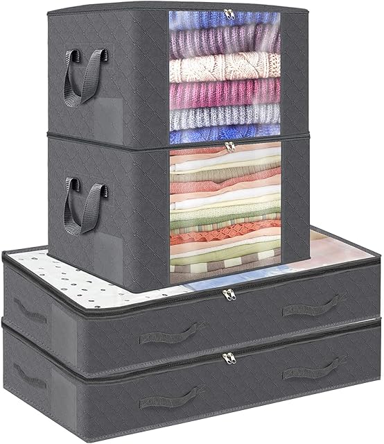 Under Bed Clothes Storage Bags - Funxee 4 Packs Large Capacity Bedroom Organiser Storage Bag with Zips and Label Slots for Clothing, Comforters, Blankets, Bedding, Duvets, Pillow