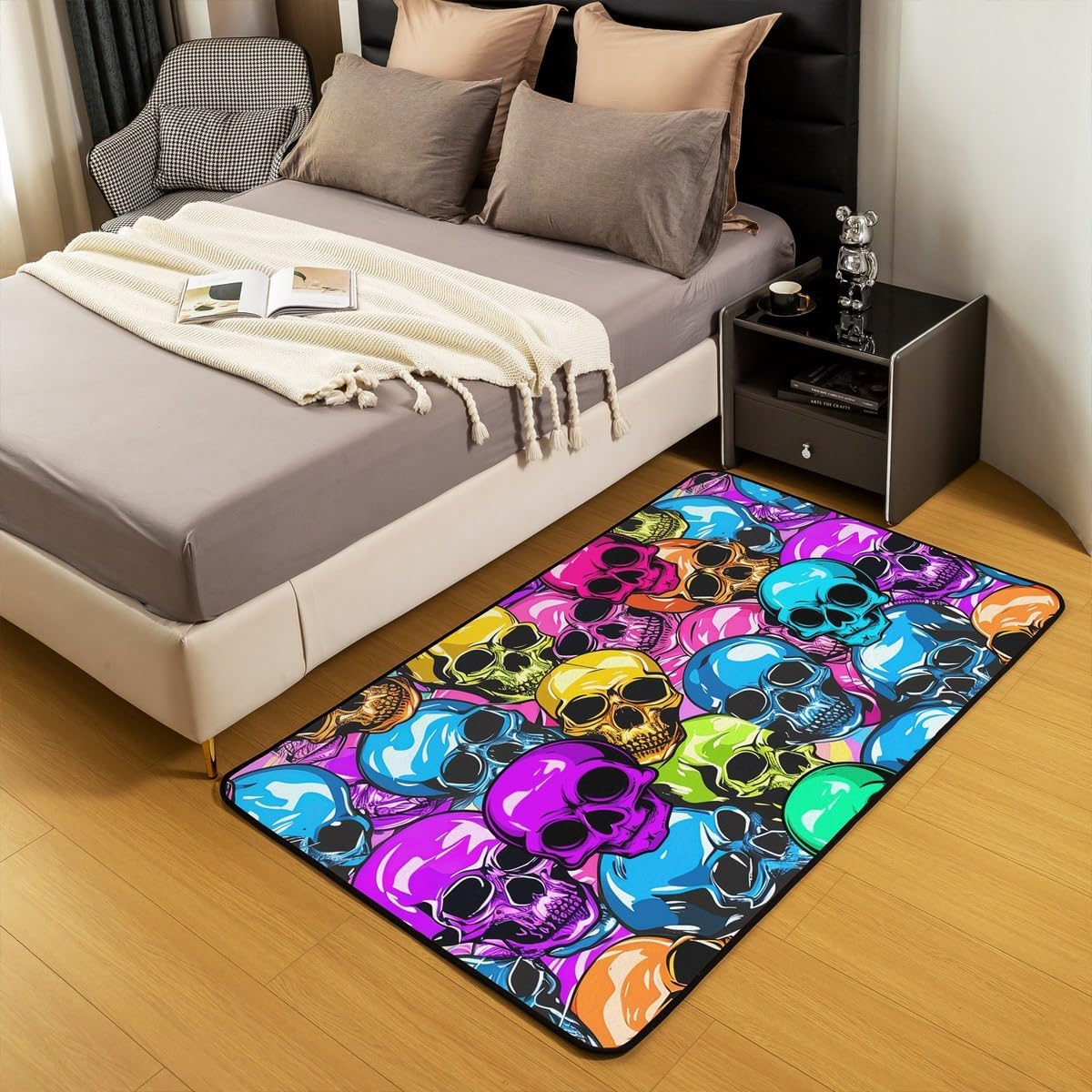 Erosebridal Colourful Skull Area Rug 3x5,Gothic Skull Carpet for Boys,Watercolor Neon Skull Indoor Floor Mat Rectangular,Abstract Skeleton Decorative Rug for Bedroom