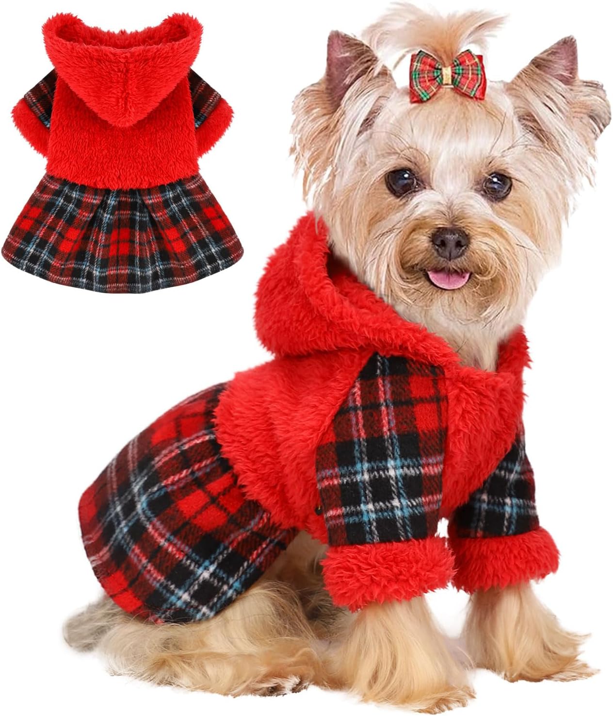 Dog Christmas Dress for Small Dog, Warm Fleece Plaid Hooded Sweater Girl Clothes for Chihuahua Yorkie Teacup, Cute Winter Warm Outfit Puppy Dress for Chihuahua Yorkie, Teacup Cat Female (Red, XXS)