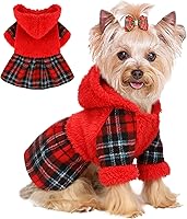 Vista 11 de Vestido de invierno para perro, lindo suéter de forro polar cálido con capucha para perros pequeños, vestidos de cachorro a cuadros rosados, ropa