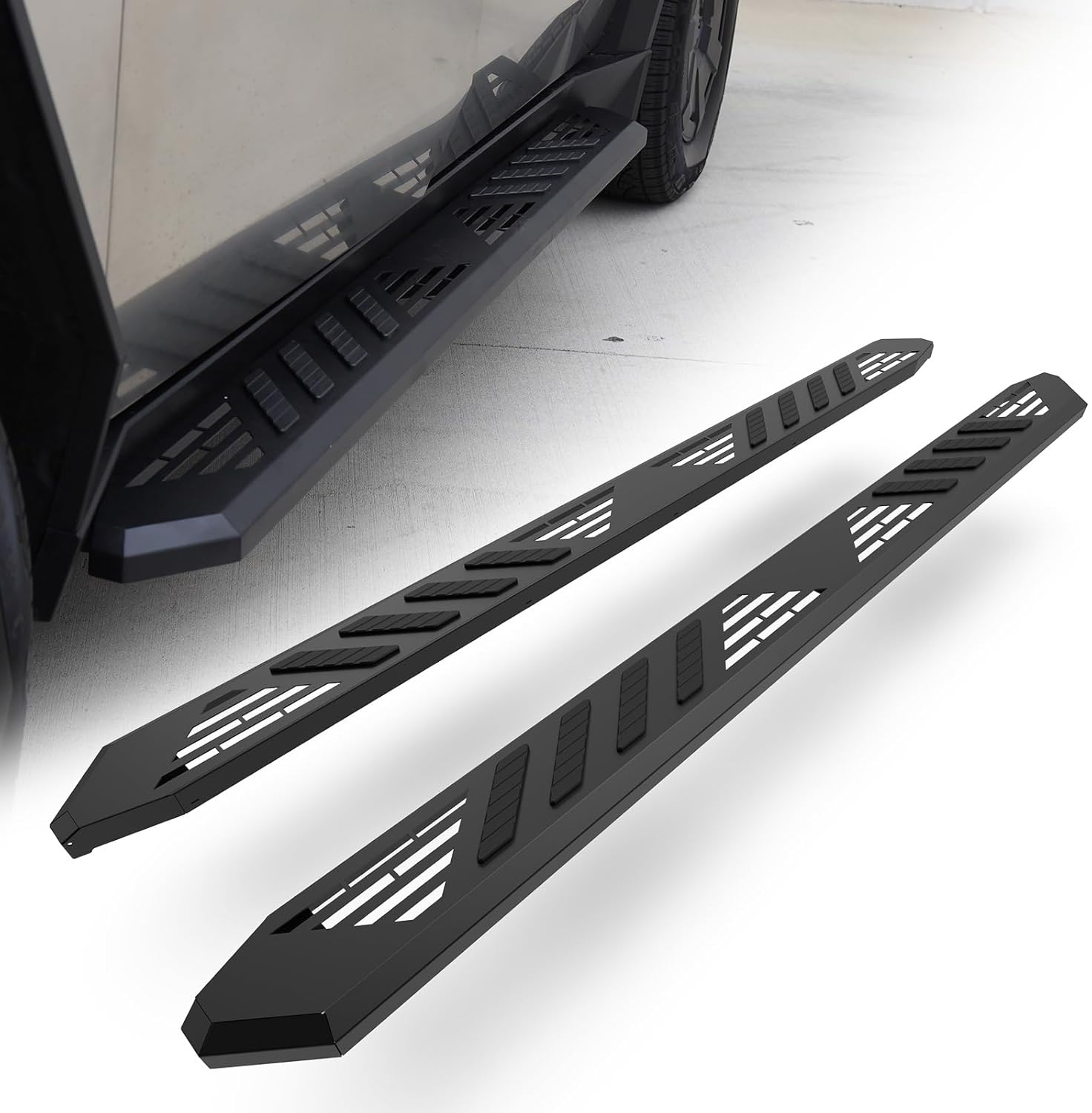 Running Boards Side Steps Fit for 2024-2026 Tesla Cybertruck, Textured Black Powder Heavy Duty Steel Off-Road Side Rails, Anti-Slip Design, Exterior Brackets Nerf Bars 2 PCS