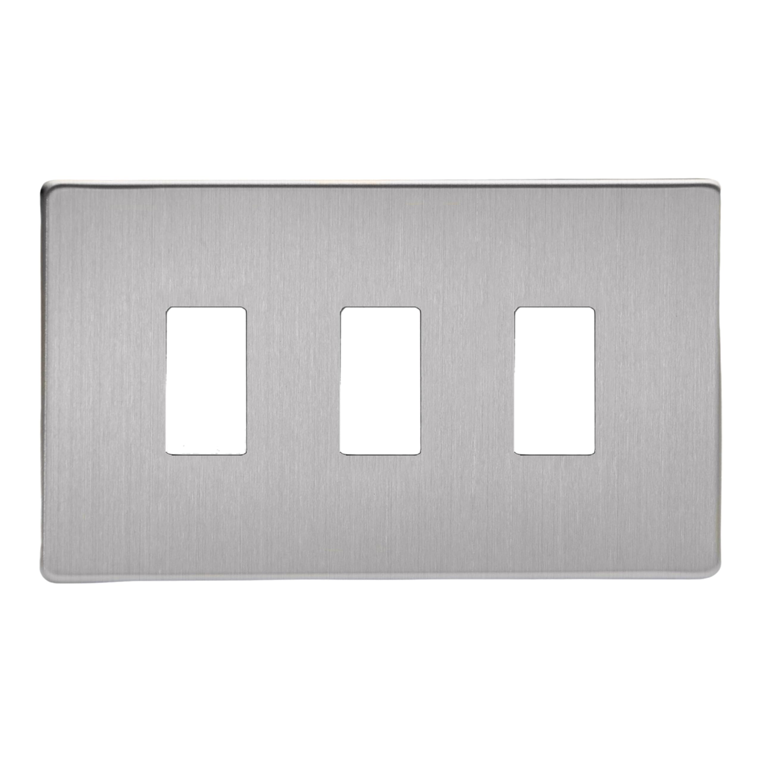 Varilight XDSPGY3S Screwless Brushed Steel 3 Gang PowerGrid Plate (Twin Plate)