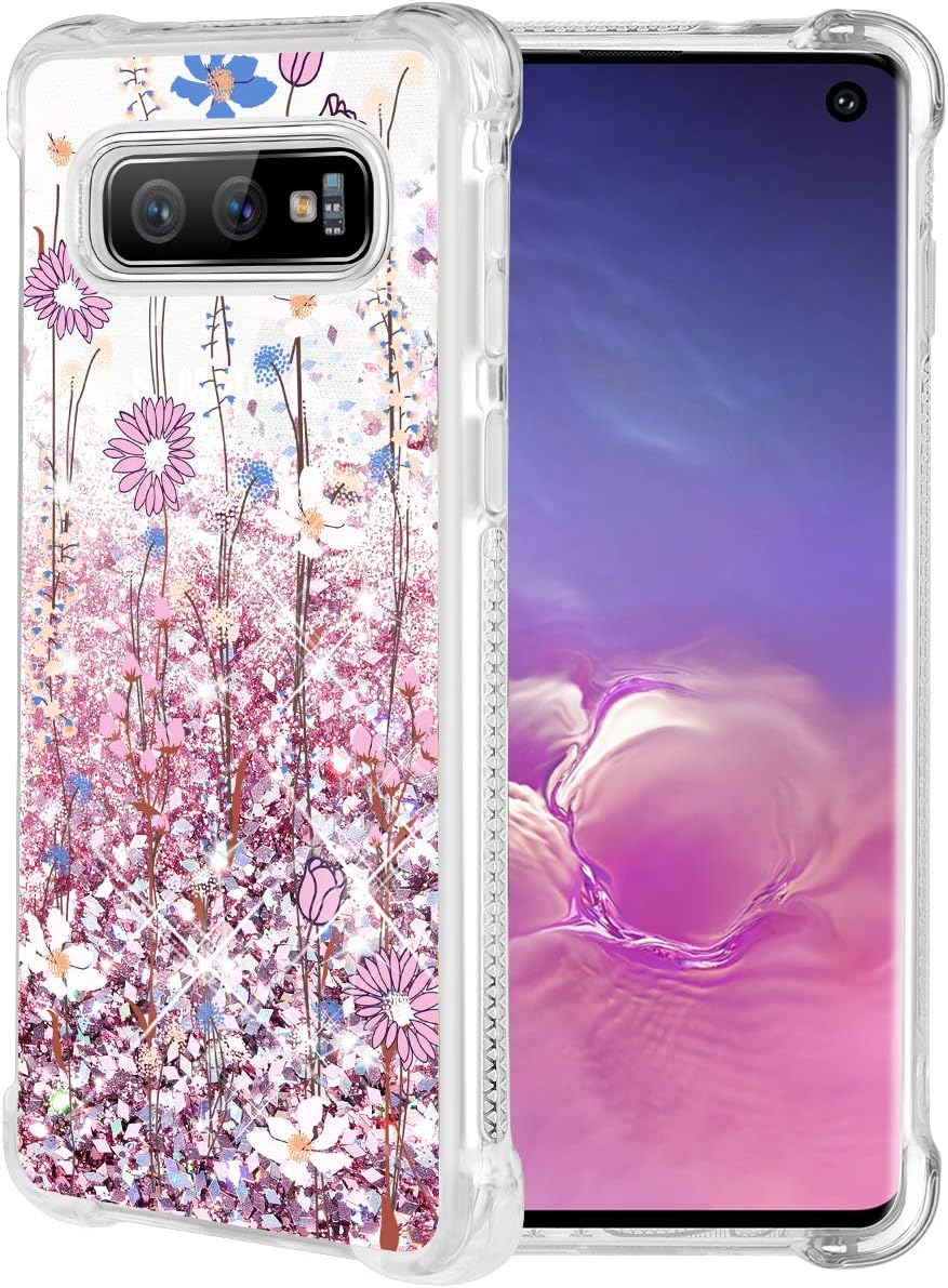 Caka Case for Galaxy S10e Floral Glitter Case Flower Pattern Series Luxury Fashion Bling Flowing Liquid Floating Sparkle Glitter Soft TPU Case for Samsung Galaxy S10e (Pink Flower)