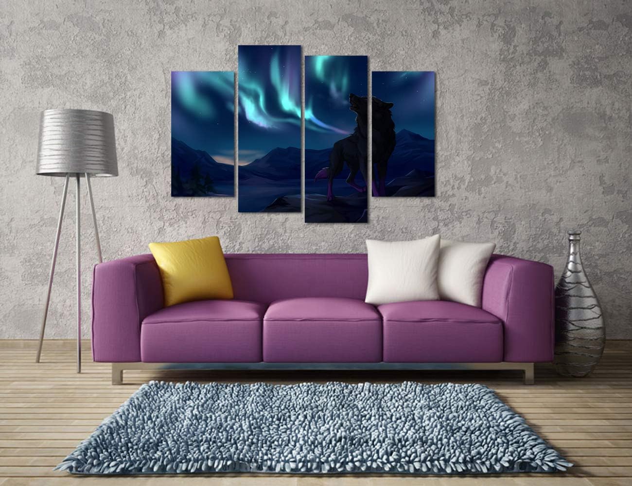 VVOVV Wall Decor 4 Panel Wolf Decor Canvas Art Print Animal Painting Wolf Picture Northern Lights Framed Artwork for Living Room Wall Decor Framed Ready to Hang