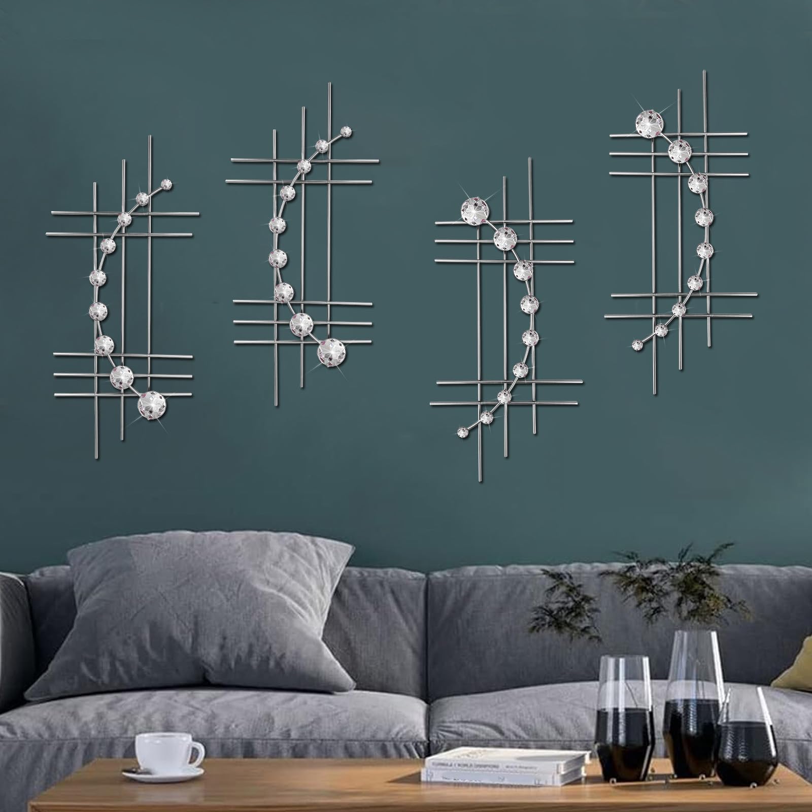 ZEXUIRU 4 Set Bling Metal Wall Art Jeweled crystal Hang wall Decor Rhinestone Diamond Iron Abstract Wall Sculpture 16.7 * 7inch Silver