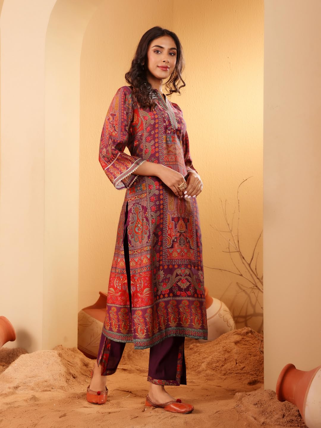 Varanga Women Pink Floral Printed Gota Embellished Flared Sleeve Kurta With Solid Trouser & Dupatta  Elegant Ethnic Set