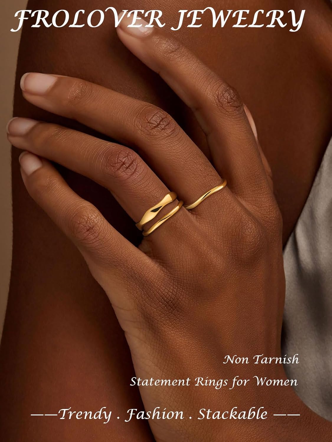 Gold Rings for Women Dainty 14K Gold Plated Wavy Stackable Gold Ring Set Fashion Chunky Thumb Rings for Women Waterproof Statement Minimalist Cubic Zirconia Jewelry Gift Size 6-10 - Image 2