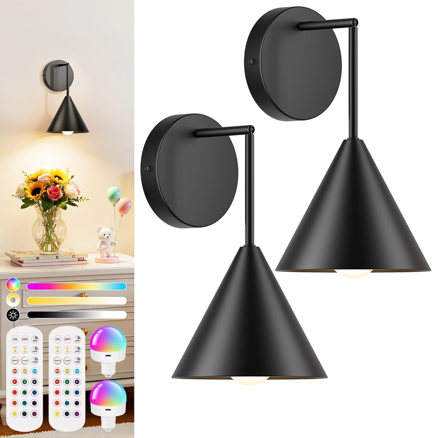 Rechargeable Wall Sconce Set of 2, Black Wireless Battery Operated Wall Lamp with Remote, Dimmable & Timer, Modern Industrial Indoor Light Fixture, Bulb Included
