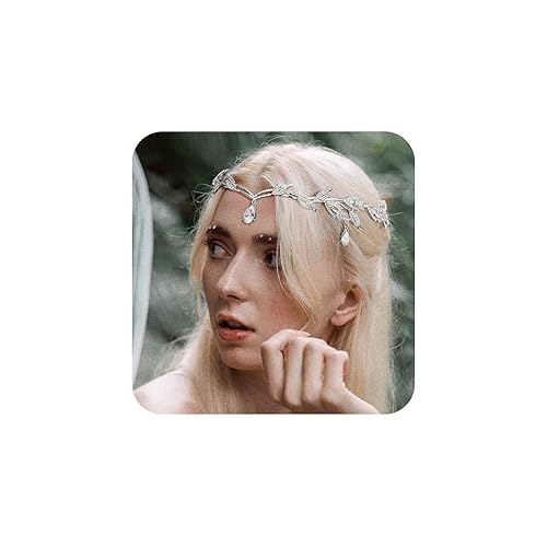 SWEETV Rhinestone Leaf Wedding Crown Headband for Brides, Crystal Pendent Fairy Tiara Headband for Wedding Prom Birthday - Silver