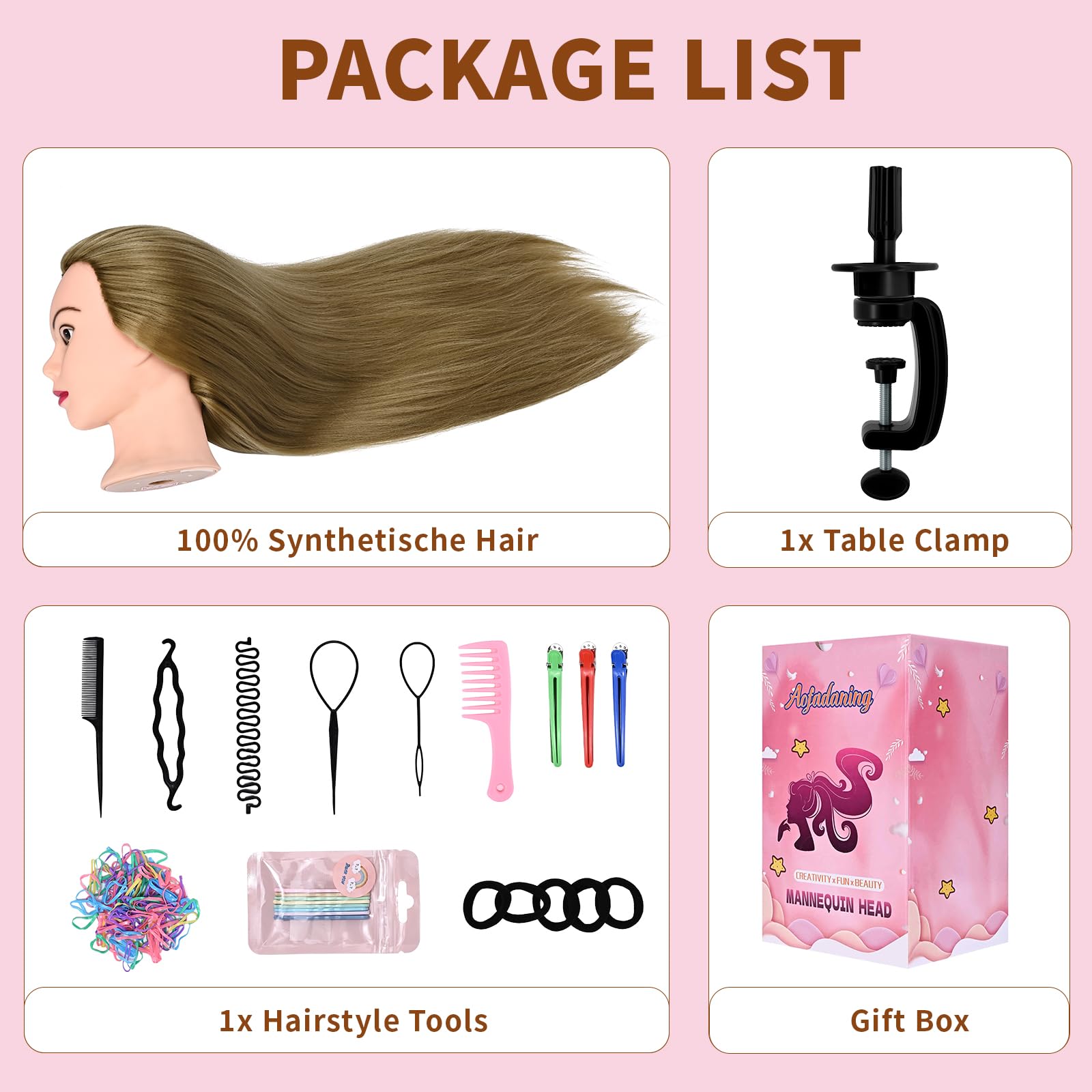 Mannequinkopf mit Haarfrisur, 71,1 cm, für Kosmetik, zum Üben, Flechten, Puppenkopf für Haarstyling, Trainingskopf zum Flechten, Frisieren, mit gratis Perückenkopf-Ständer und Haarstyling-Werkzeug-Set