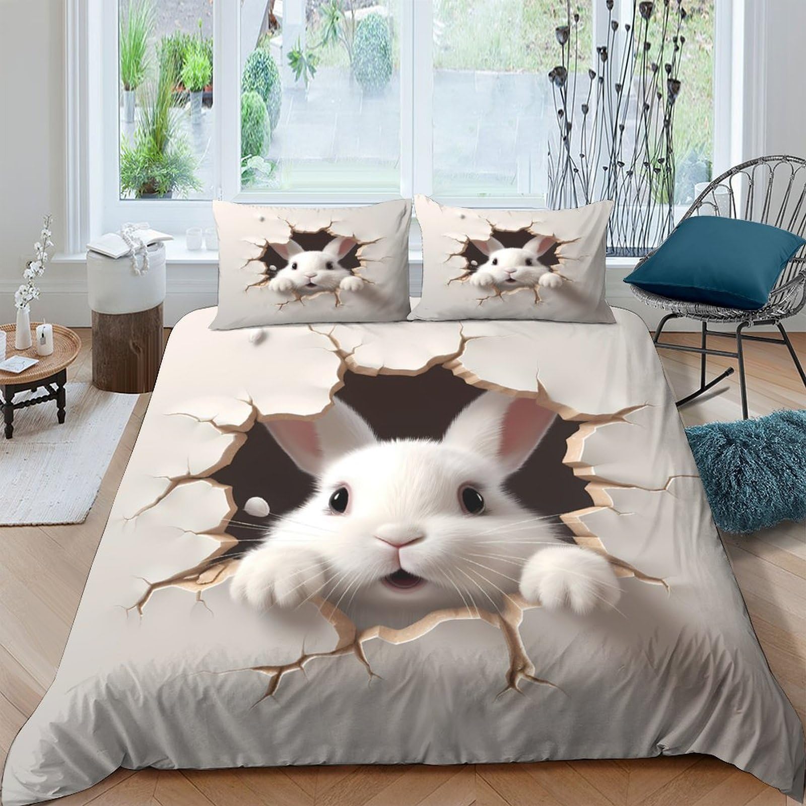 Ctjqhvkz Style-9 3D Printed White Bunny Fitted Sheet Microfiber Soft Decorative Cracked Wall Bed Cover For Bedroom Guest Room Easy Care Single（135X200cm）