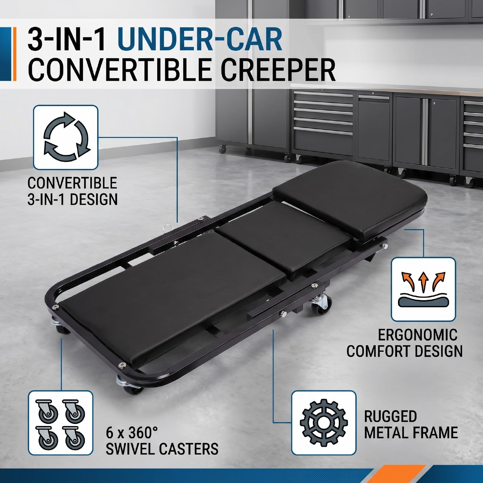 KIMISS Enredadera con Ruedas para Debajo del Automóvil Silla de Garaje con Ruedas Enredadera Mecánica Asiento 3 en 1 Plegable de Perfil bajo 6 Giratorias Respaldo del (Black)