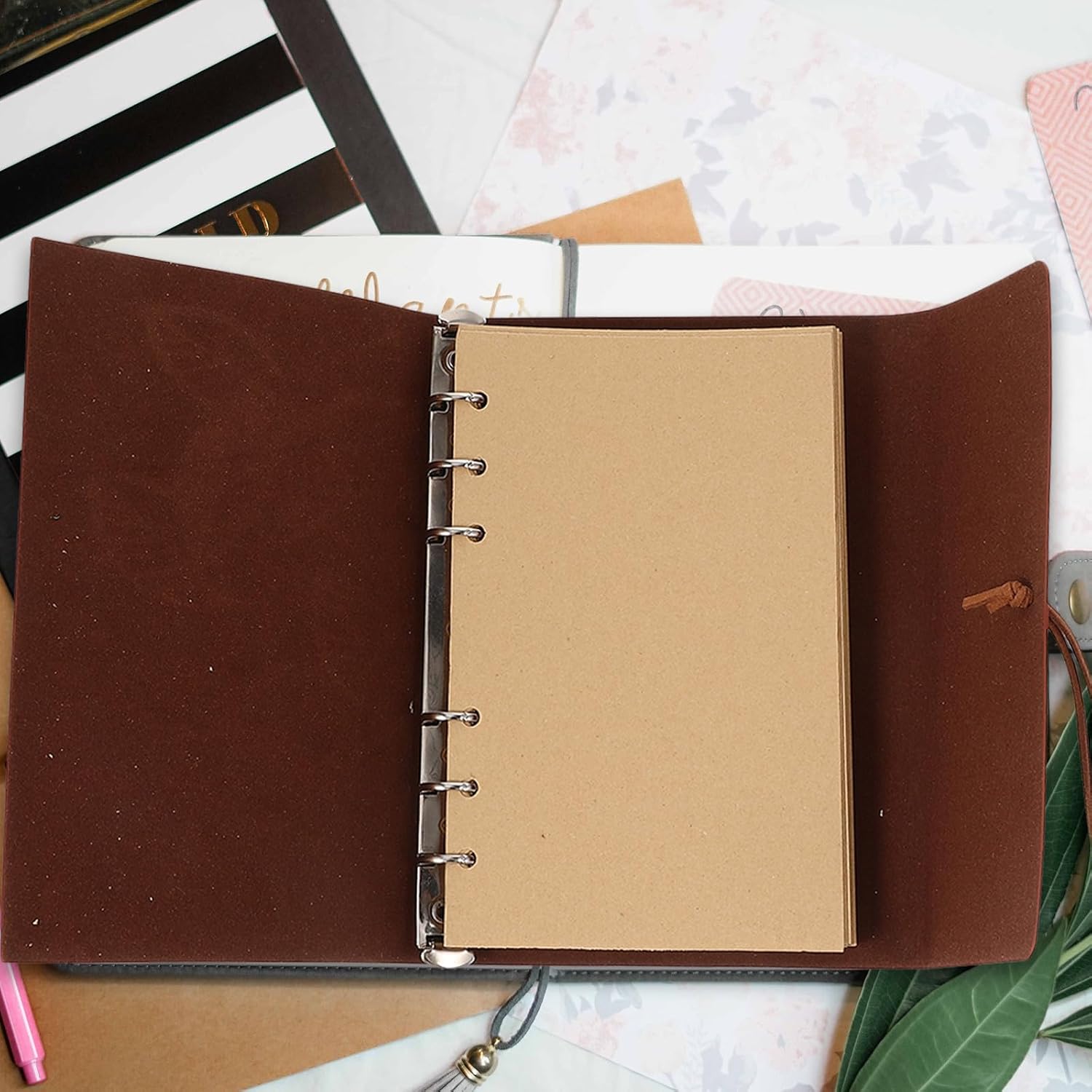 CIYODO Vintage A6 Leather Notebook Journal with Leaf Embossing, Refillable Schedule Planner for Students and Travelers, Portable Travel Diary Notepad in Yellow Brown