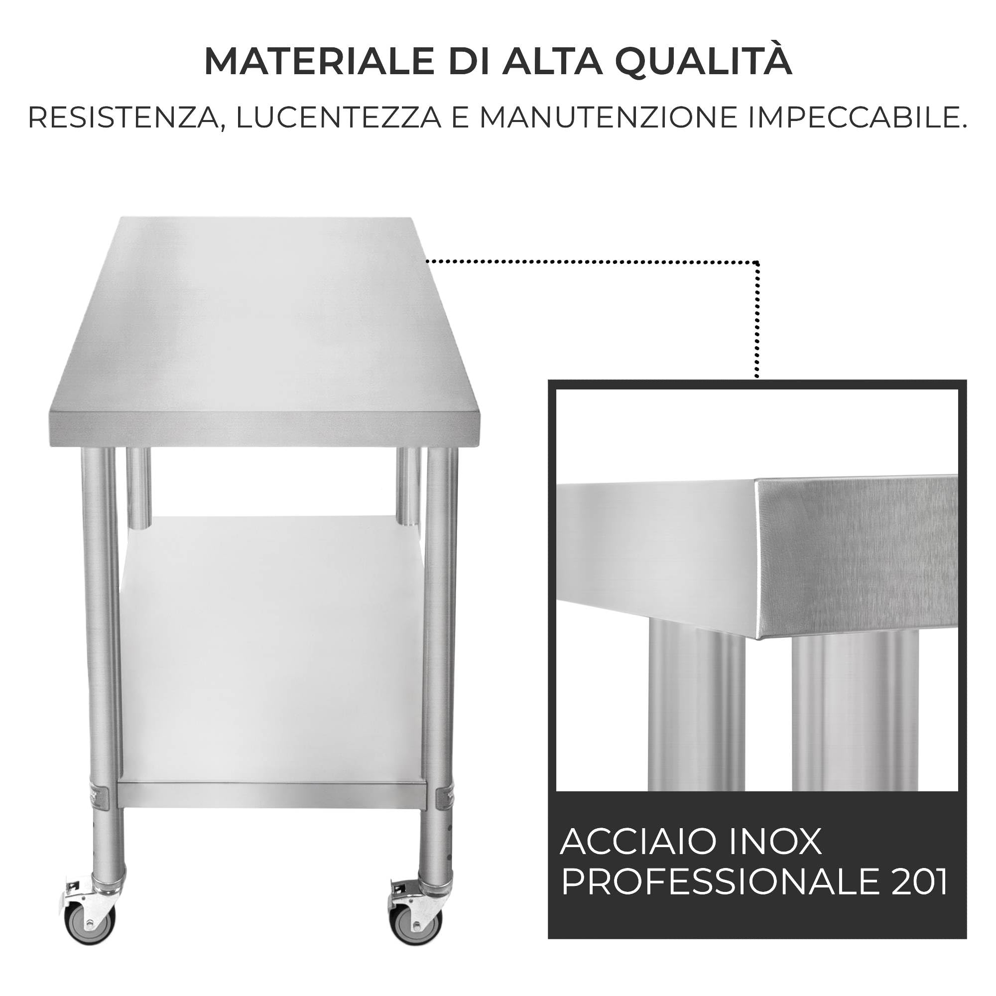 Tavolo da cucina in acciaio inox per la preparazione dei cibi con 4 ruote piroettanti con 2 freni e 4 piedini adattabili Ripiano inferiore regolabile 3 posizioni Portata 160 kg 60cm x 90cm x 86cm