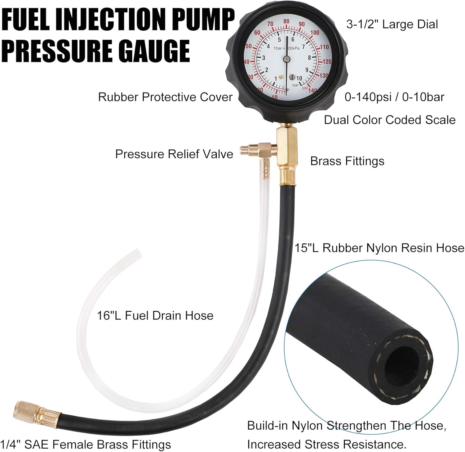 JIFETOR Fuel Injection Pump Pressure Test Gauge Set, Automotive Gas Gasoline Fuel Oil Injector Tester Tool Kit 0-140PSI, with Schrader Adapters Universal Compatible with Ford Auto Car Truck Motorcycle