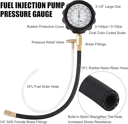 Miniatura 3 de JIFETOR Juego de manómetros de prueba de presión de bomba de inyección de combustible, kit de herramientas de probador de inyector de gasolina y