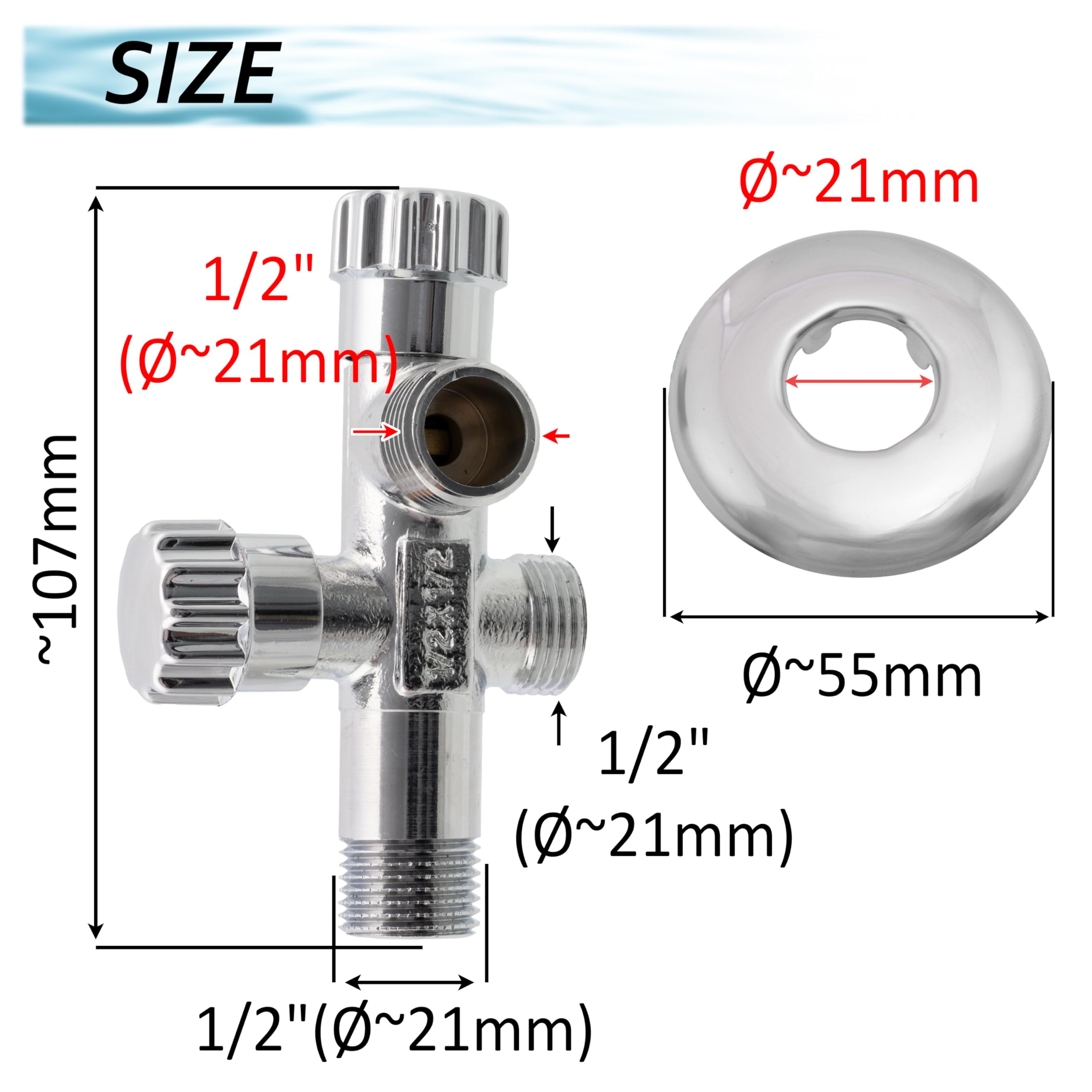 AERZETIX - Robinet Équerre à Doubles Sorties 1/2"x1/2"x1/2" avec Rosace et Joint PTFE - en Laiton - Finition Nickelée - Vanne Eau Potable Sanitaire Raccord Lavabo Salle de Bain Cuisine - C74961