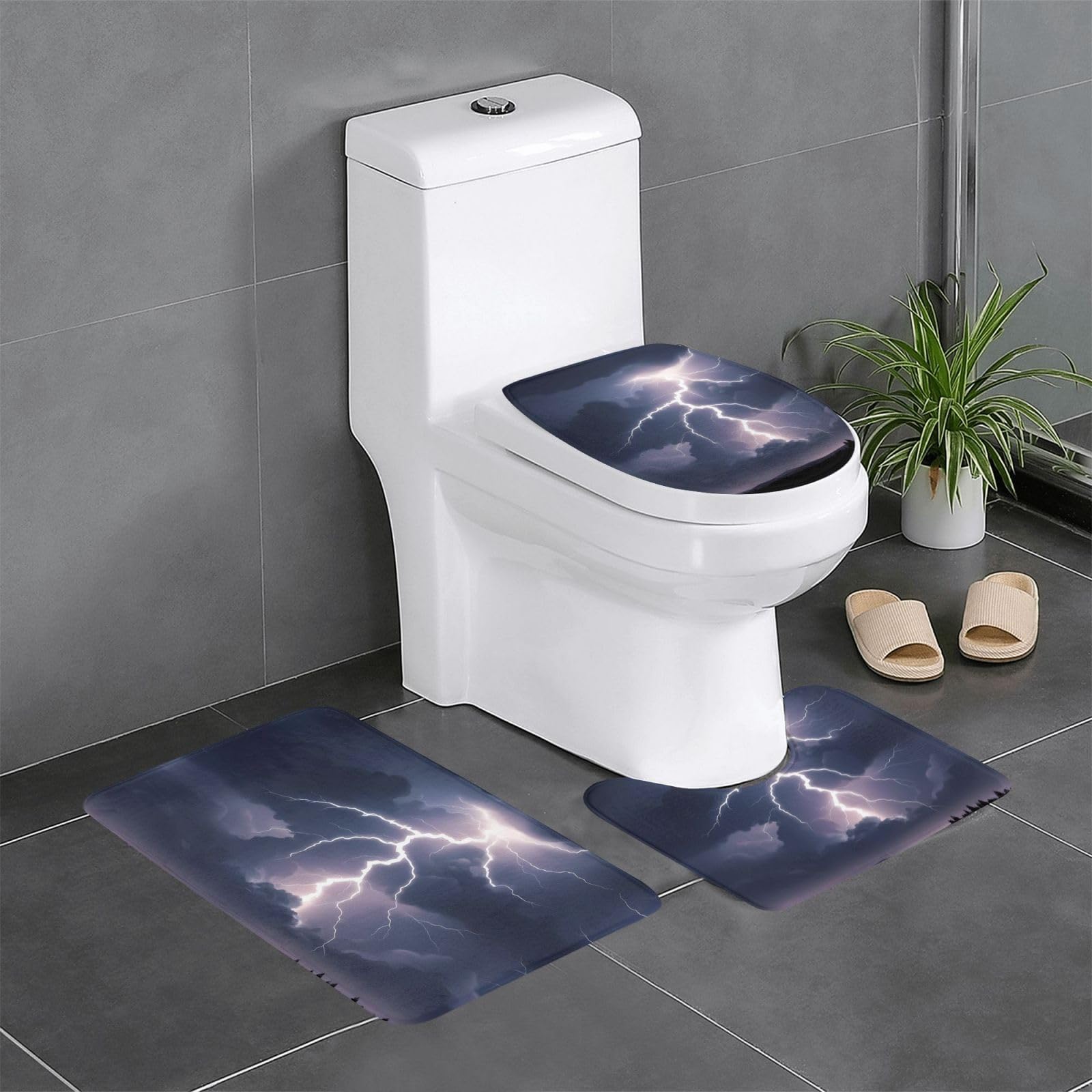 Tapis de salle de bain antidérapants lot de 3 pour toilettes et lavabo design éclair 61x40cm