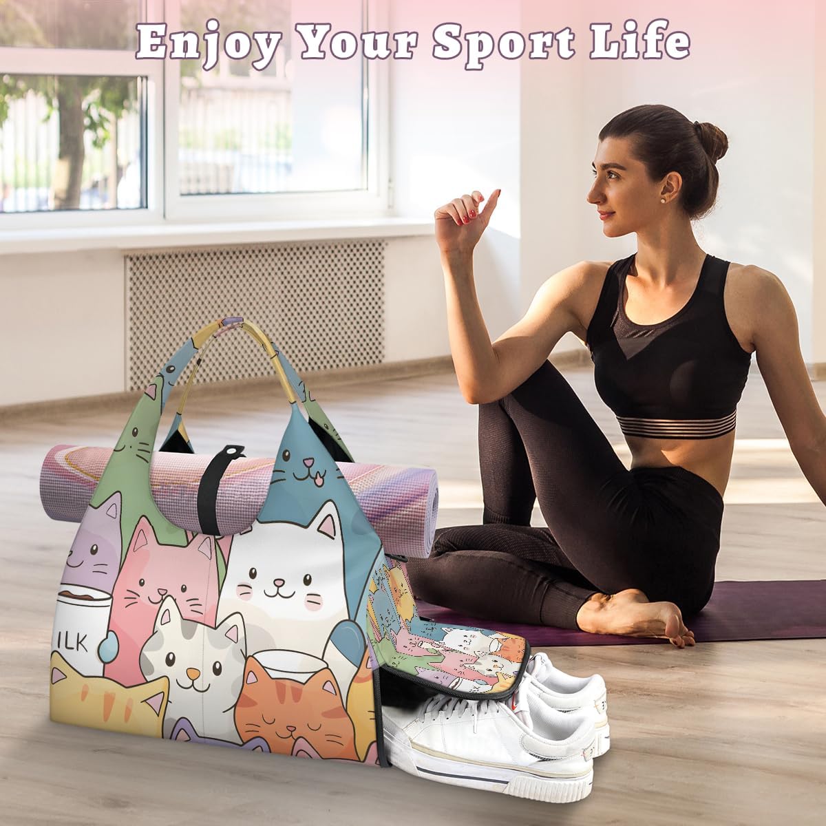 Cartoon Cats Yoga Gym Bag for Women,Sport Gym Bags with Yoga Strap,Duffel Bag,Sport Bags with Shoe Compartment and Wet Dry Pockets,Suitable for Travel,Pilates,Overnight Storage - Image 7