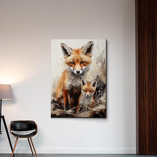 Miniatura 3 de Fox Mother Cub Prints, In The Style Of Stencil,Based, Ivory, Kids Wall Art, Kids Wall Art Display, Mom And Baby Animal Art Print, Wall Art, Art Decor