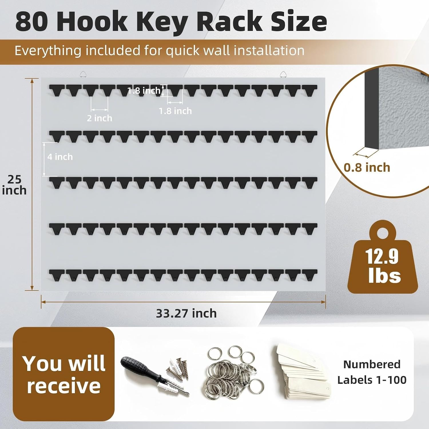 80 Hooks Key Rack, Key Hook with Wide Spacing, Wall Mount Key Holder Rack with 80 Tags, Rings and Labels, Key Storage Organization, Hanging Board for Car Dealer, Office, Hotel, School, Gray Melamine image 2