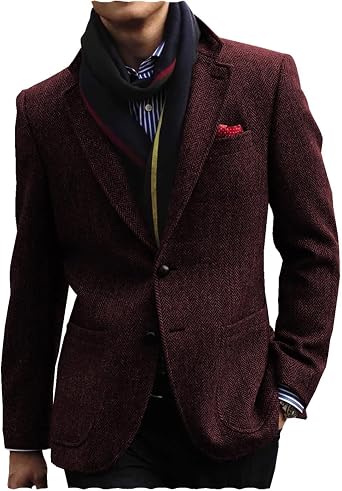 Mens Tweed Blazer Jacket Retro 2 Button Herringbone Casual Sport Coat Prom Jackets