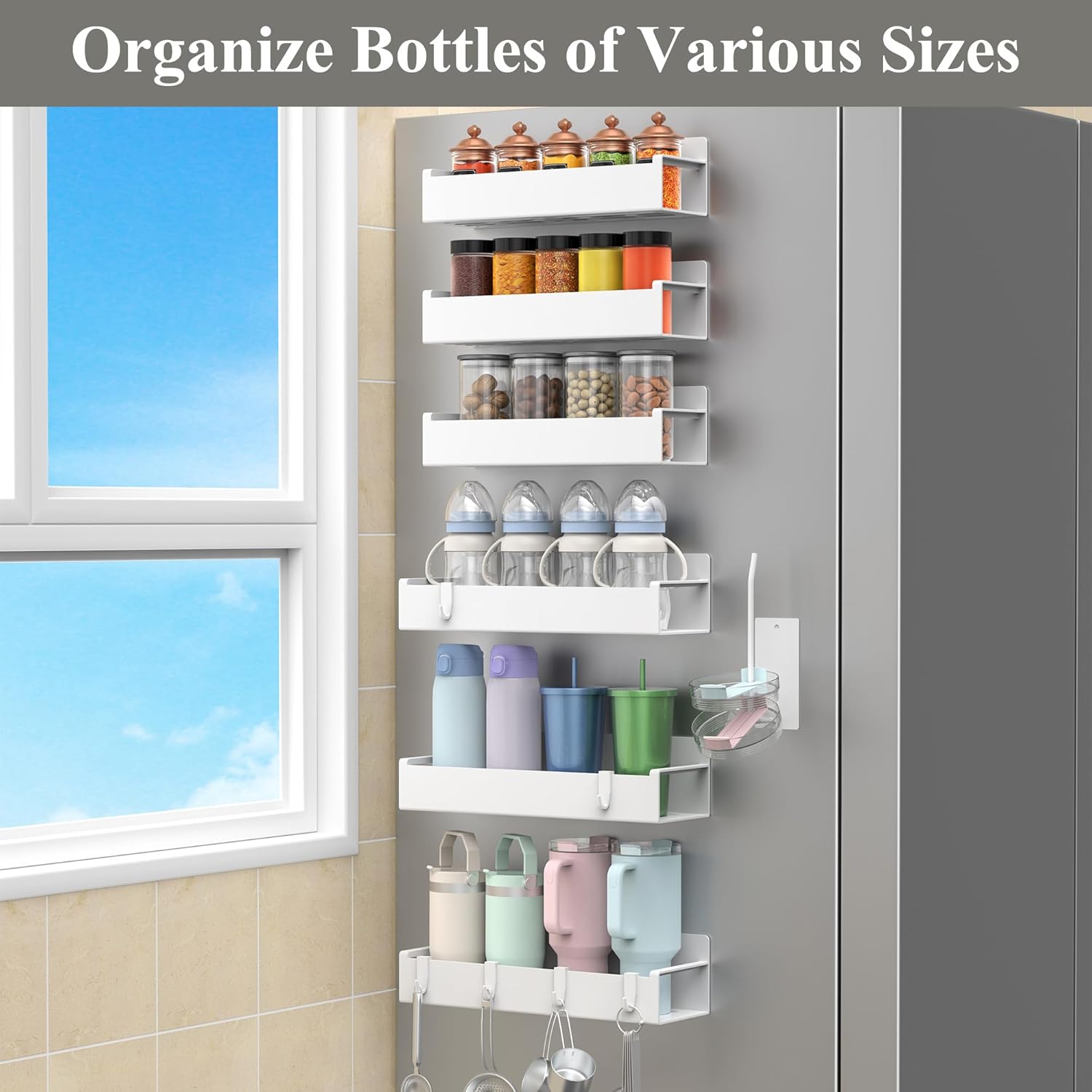 HuggieGems Magnetic Water Bottle Holder for Refrigerator, Cup Holder Organizer for Stanley and Tumbler for Kitchen, 6 Pack, White