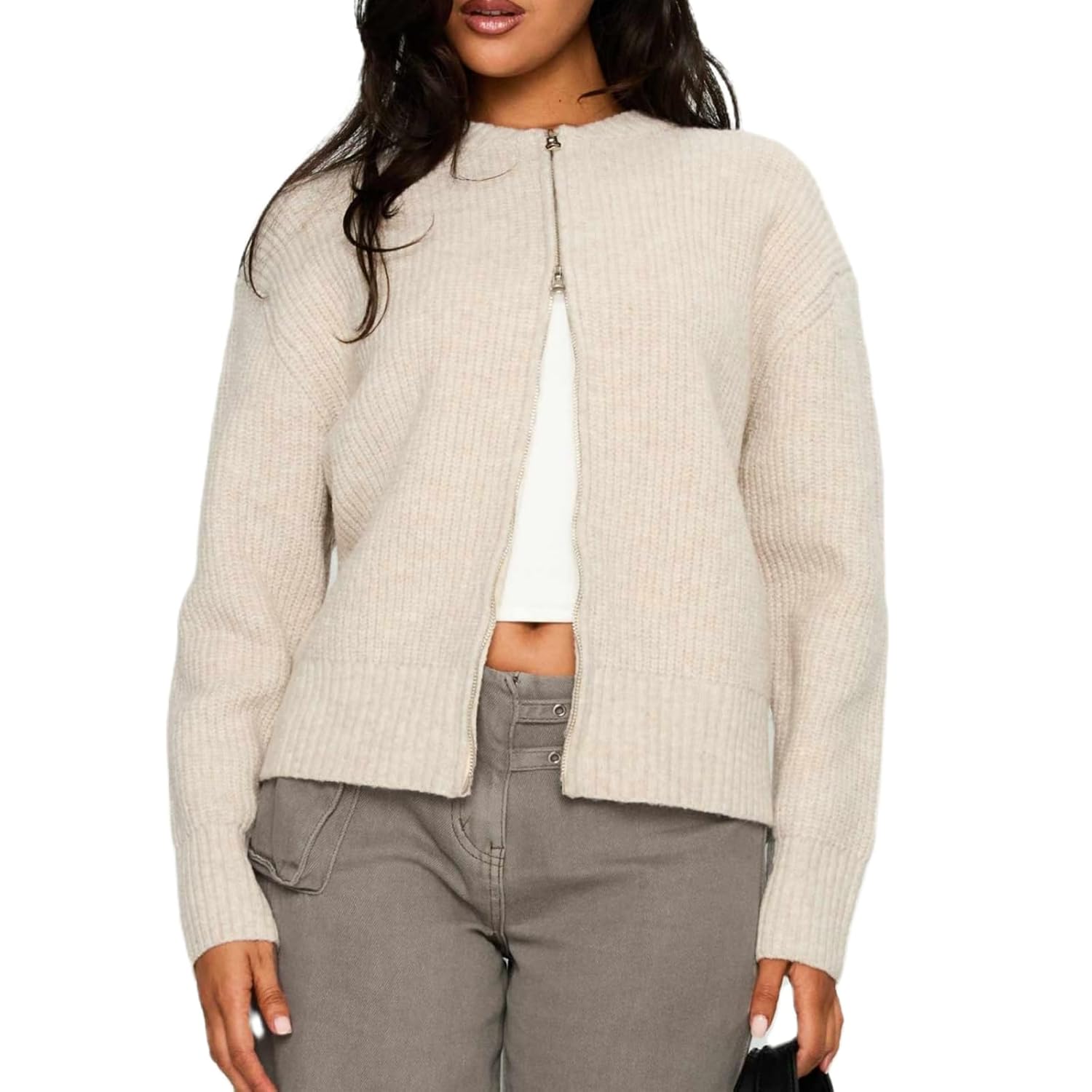 Womens Zip Up Knit Sweater Casual Long Sleeve Mock Neck Open Front Cardigan Outwear Coat with Pockets