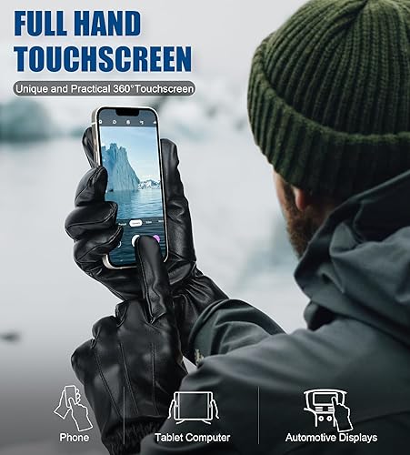 Miniatura 3 de Aegend Guantes de cuero para hombre, forro suave y cálido de mano completa, pantalla táctil de mano completa, regalo de invierno térmico Negro