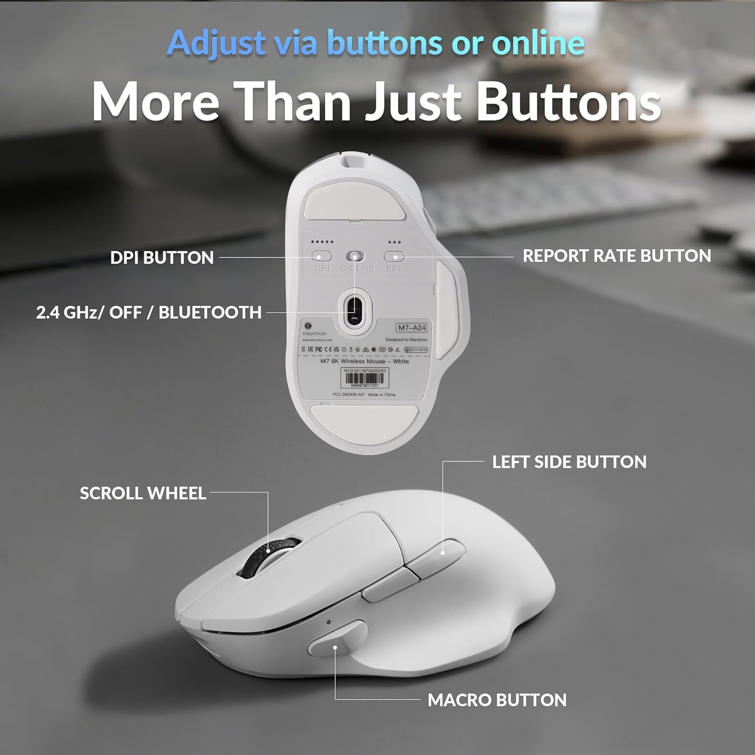 Keychron M7 8K Wireless Mouse, 30K DPI Optical Computer Mice, 2.4 GHz/Bluetooth/Wired with Macro Button 66g Lightweight Ergonomic, Up to 140 Hours Worktime for Laptop macOS/Windows - White