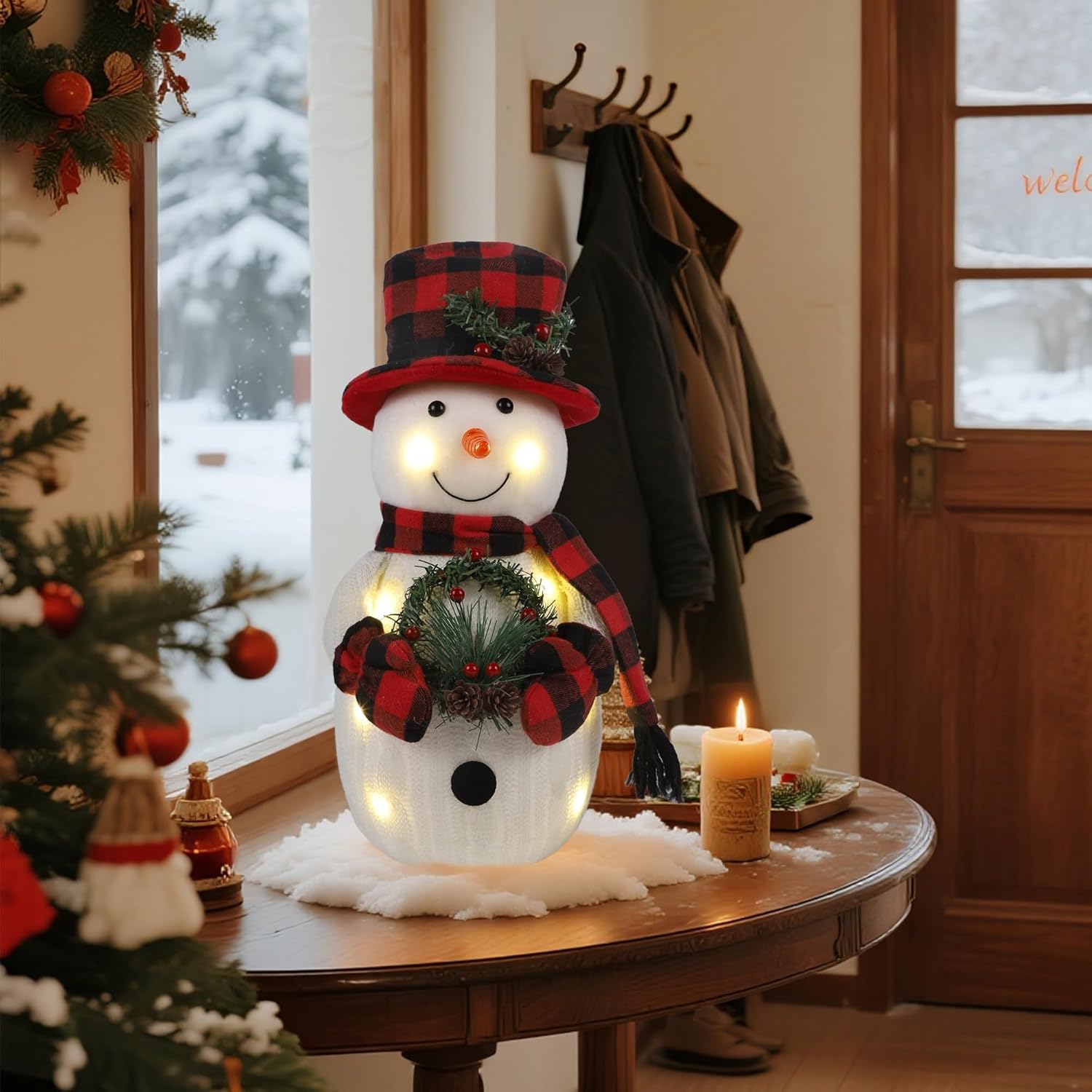 Christmas Lighted Snowman, 12 With Wreath Table Decorations, Red Black Plaid Xmas Decor for Home Kitchen Holiday Party