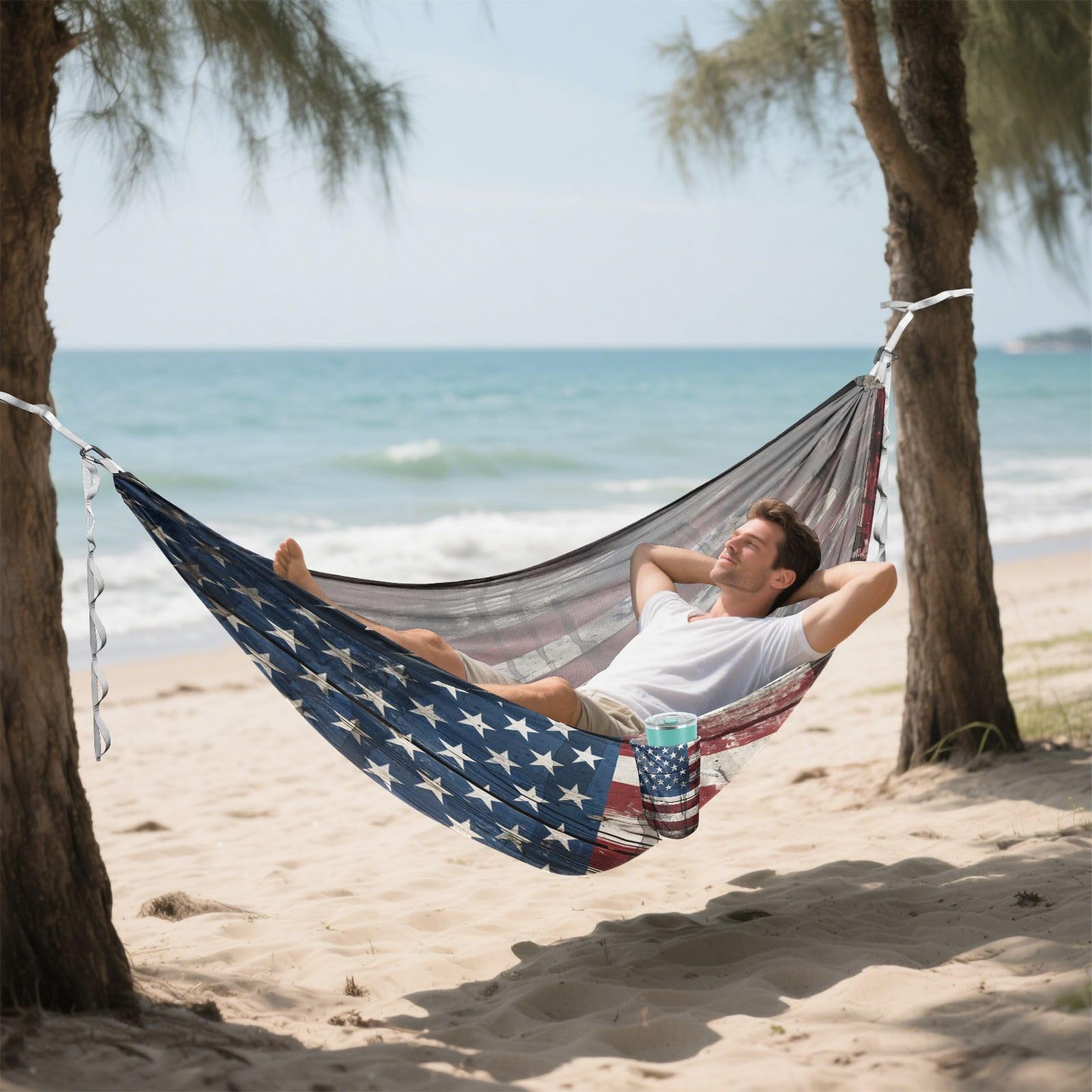 Delgada Bandera Americana Azul Hamaca Ligera y Portátil para Camping al Aire Libre, Ideal para Árboles, Senderismo, Playa y Viajes