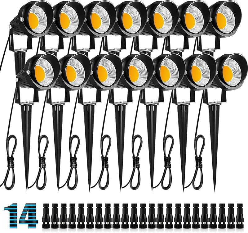 10W Low Voltage Landscape Lights LED Landscape Lighting with Connectors, 12V Outdoor Spotlights Yard Garden Pathway Lights, 1000LM Waterproof Warm White Light (14 Pack)