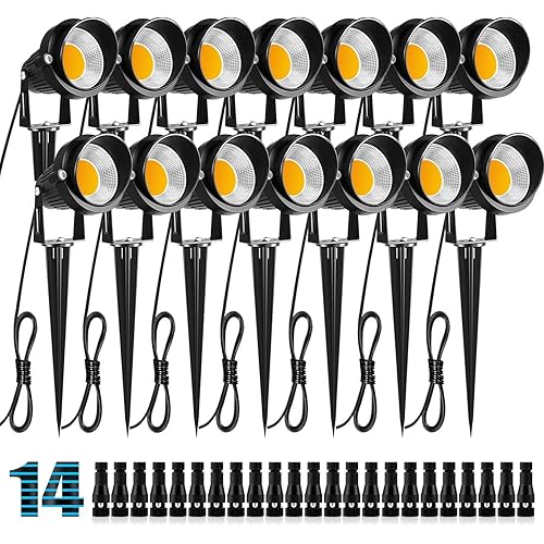 ZUCKEO 10W Low Voltage Landscape Lights LED Landscape Lighting with Connectors, 12V Outdoor Spotlights Yard Garden Pathway Lights, 1000LM Waterproof Warm White Light (14 Pack)