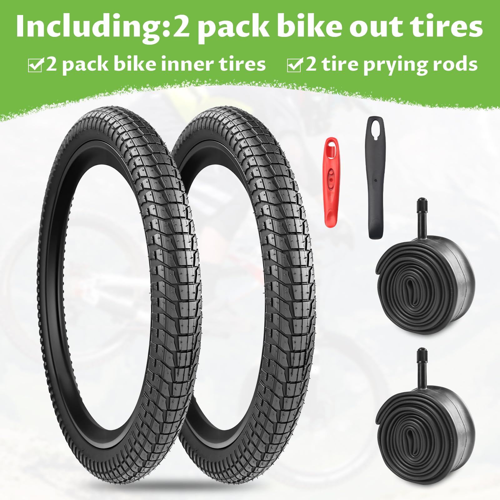 2-Set Faltbar 20 Zoll Fahrradreifen 20x1.95/2.1/2.25 Mantel mit 2-Pack Schlauch 50/53/57-406 Bike Tires Fuer MTB/BMX