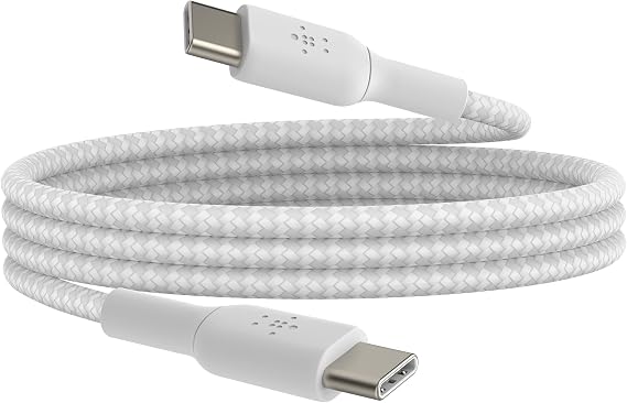 Belkin BoostCharge (0.5ft) Braided USB-C to USB-C Cable for iPhone 16, iPhone 16 Pro, iPhone 16 Pro Max, iPhone 16 Plus, iPhone 15, Galaxy S24, S23, Note10, Pixel 9, Pixel 8, iPad Pro & More - White