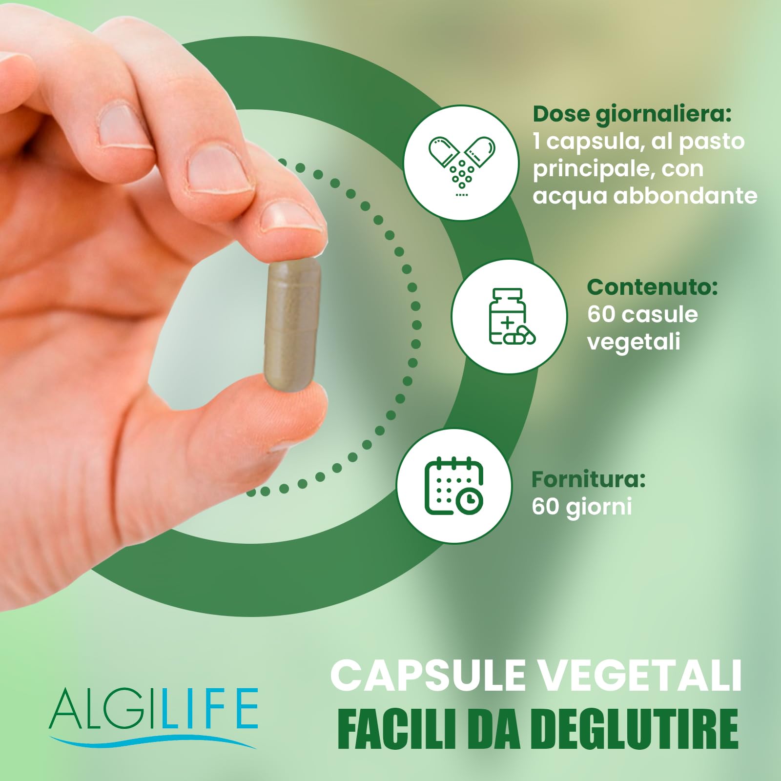 Algilife - Vitamina E Pura in Capsule Vegetali da 60 Mg. Vitamina E Per Viso e Corpo 100% Naturale con Tocoferolo. Vegan Senza Glutine e Lattosio (60 Capsule, scorta 2 mesi)