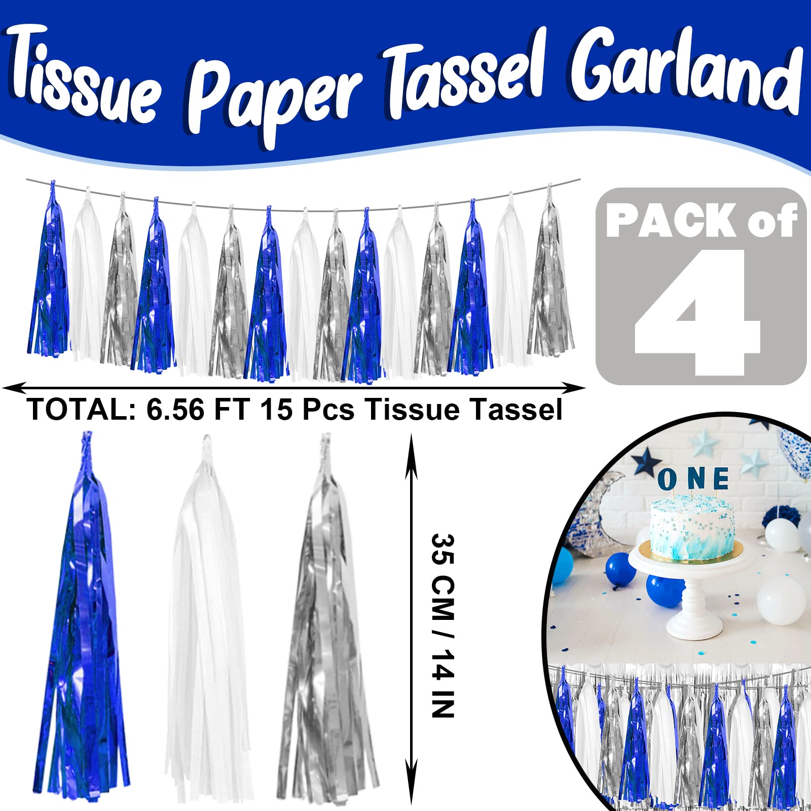 4P Marineblau-Weiß-Silber-Folie Fransen Metallic Quaste Girlande Banner, Quasten Banner Luftschlangen für Parade Floats, Bachelorette, Hochzeit, Geburtstag, Halloween, Braut/Baby Shower Party